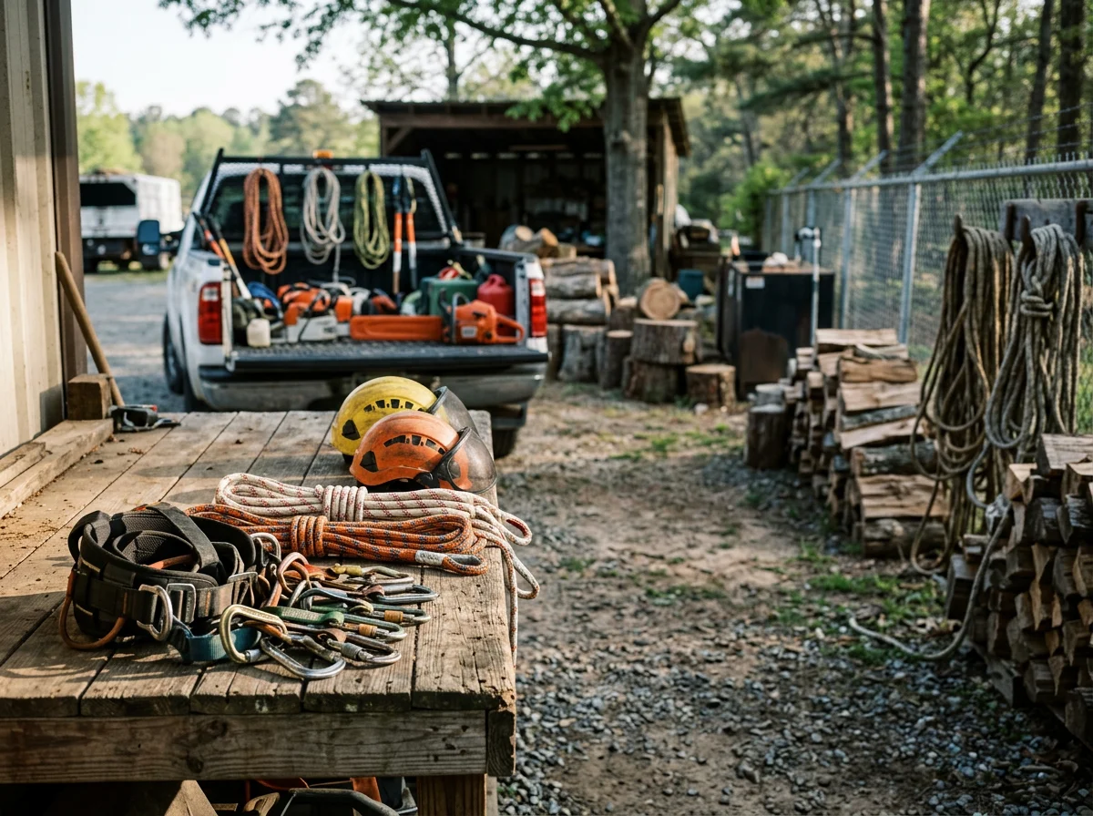 Professional tree service crew with climbing gear and equipment staged for precision tree removal work.