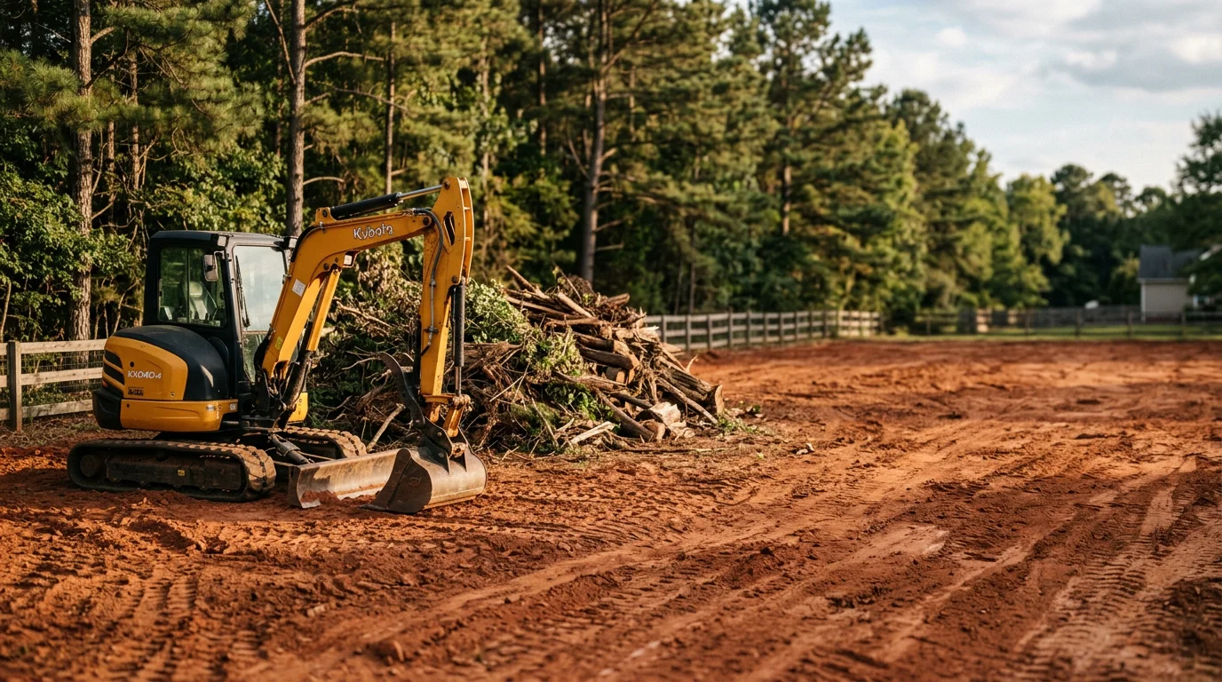 Heavy equipment performing lot clearing and grading on residential property in Oconee County