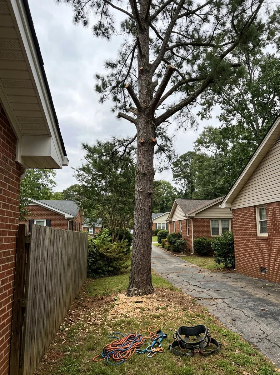 A climber trimming overhanging branches from a mature pine tree on a tight lot in an older Anderson, SC neighborhood, with neighboring homes close on both sides.