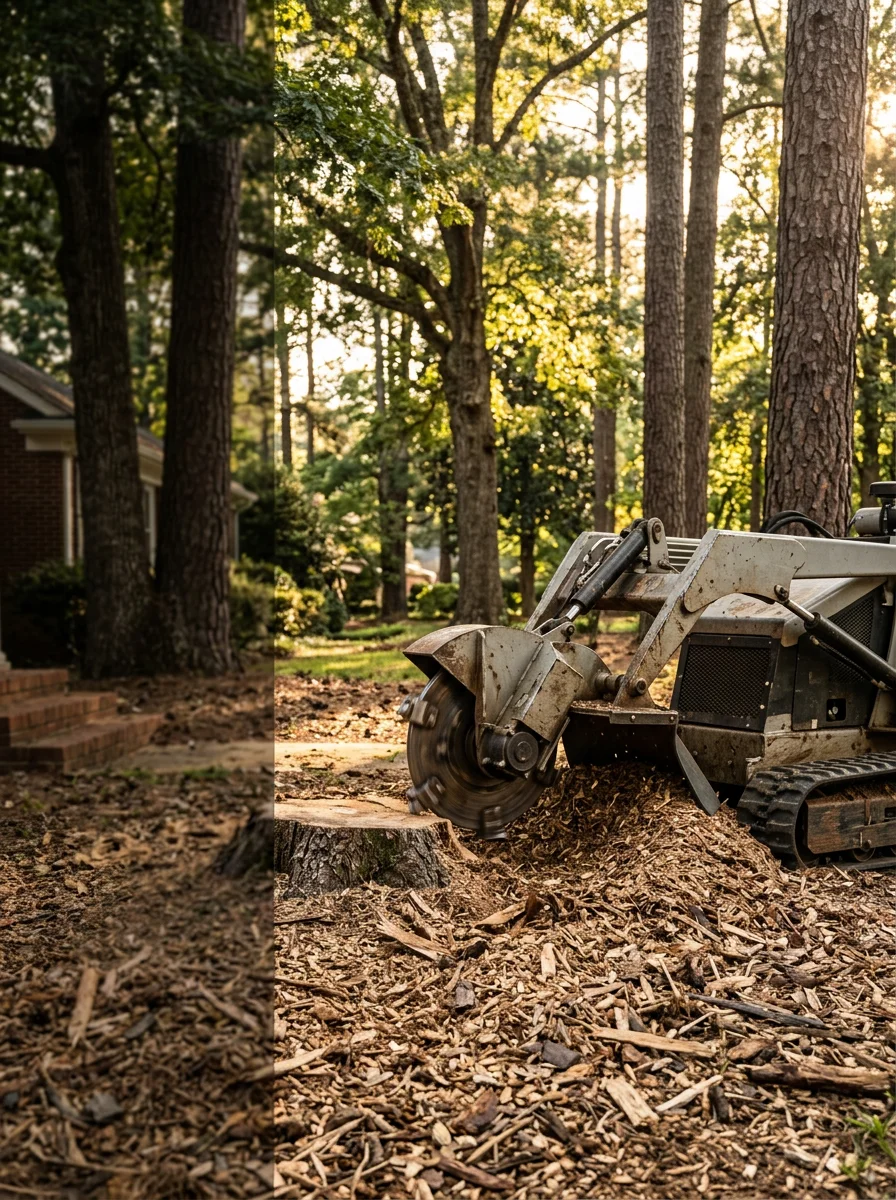 A stump grinder working on a large pine stump in an established Clemson neighborhood yard, with dense tree canopy surrounding the property.