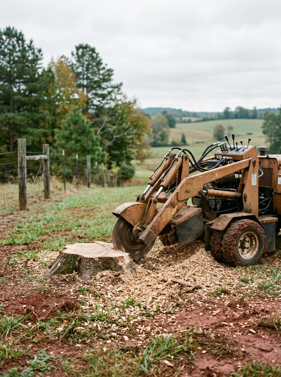 A stump grinder working on a large hardwood stump on a gently sloped residential lot in Lavonia, GA, with Franklin County farmland visible in the distance.