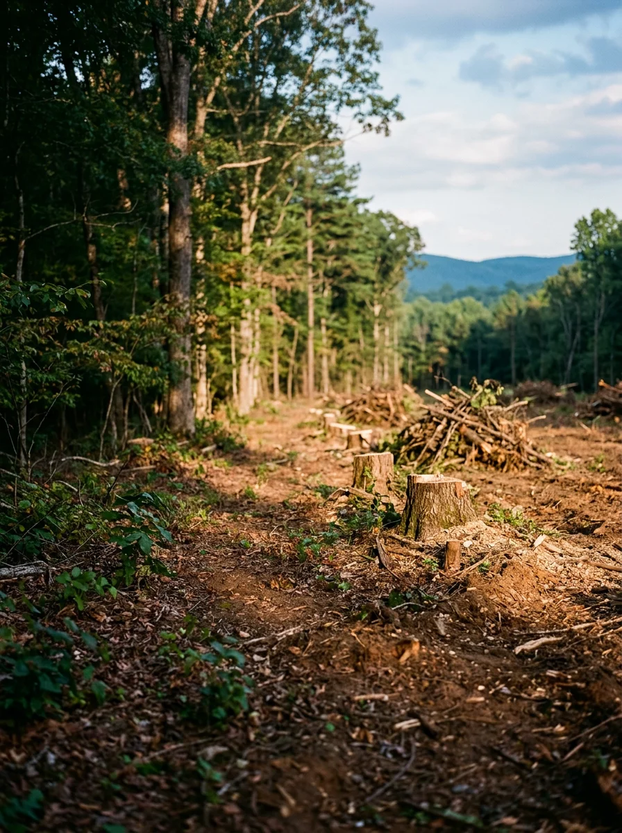 A freshly cleared wooded buffer zone on a rural property along Highway 11 in Salem, SC, with Sumter National Forest visible in the background.
