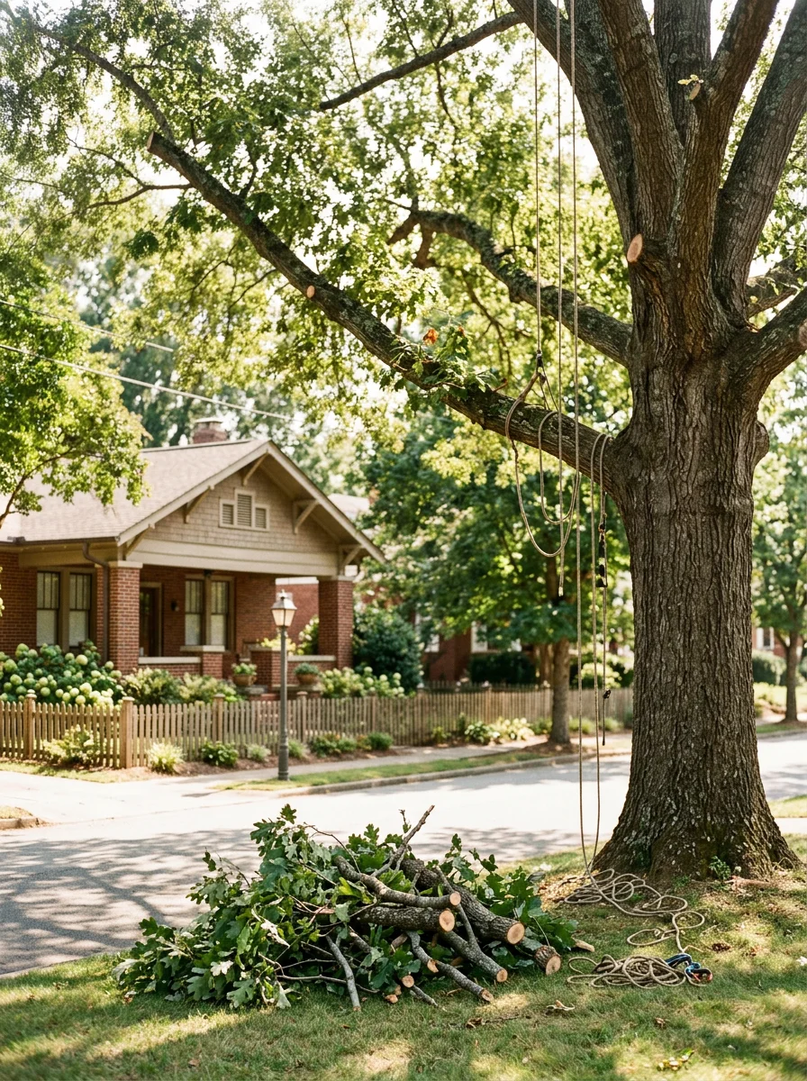 A climber trimming overhanging branches from a mature hardwood in a historic downtown Seneca neighborhood, with a craftsman-style home below.