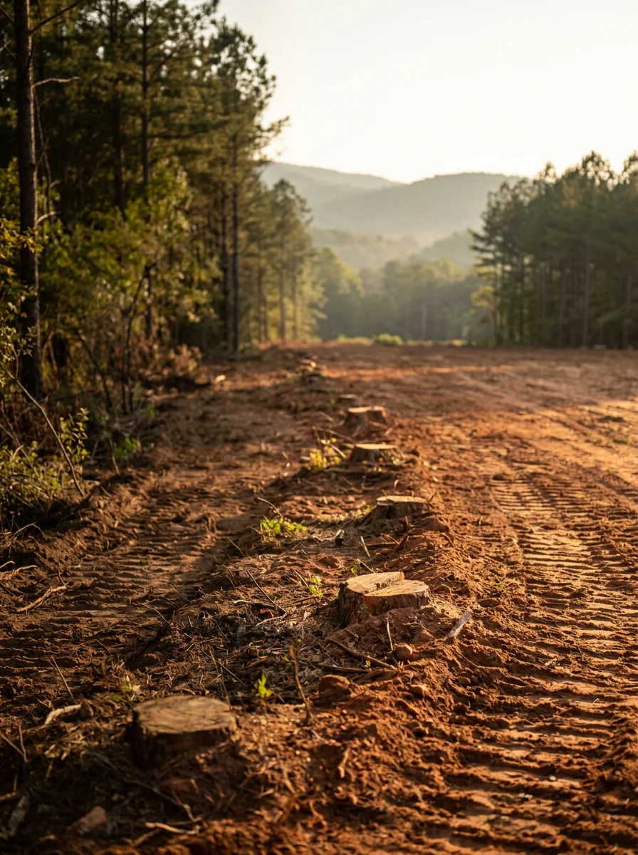 A cleared rural lot near Eastanollee, Georgia, showing freshly ground stumps and graded clay soil after a full lot clearing job in Stephens County.