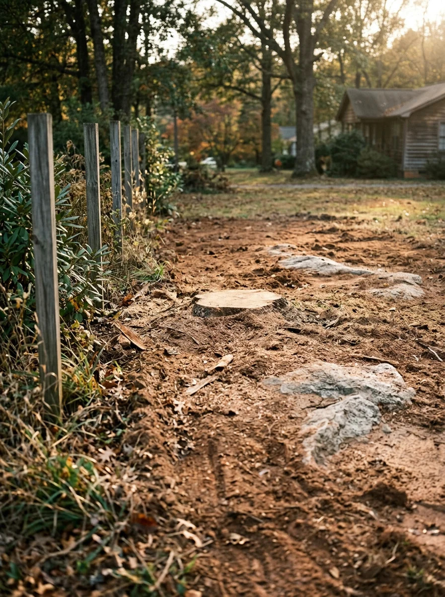 A cleared and ground stump on a shallow-soil lot in Walhalla, SC, showing exposed granite rock near the surface after removal.