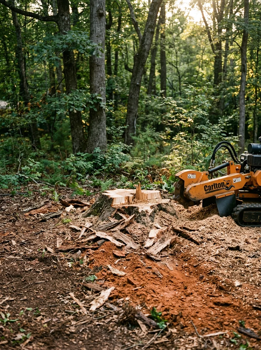 A freshly ground stump on a wooded residential lot in Westminster, SC, with clay soil and surrounding hardwoods visible.