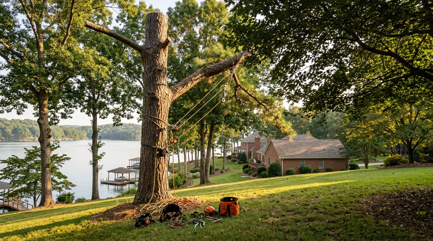 A technical climber rigging sections of a large pine tree on a sloped lakefront lot in Westminster, South Carolina, with Lake Hartwell visible in the background.