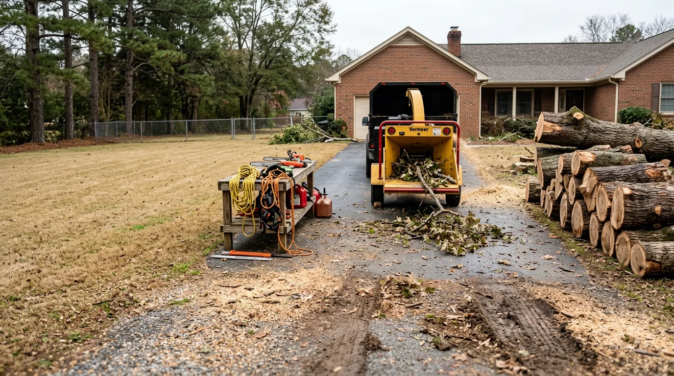 A large fallen pine tree removed from a residential driveway in Westminster, South Carolina after a storm, with cut trunk sections and cleared debris visible on the property.