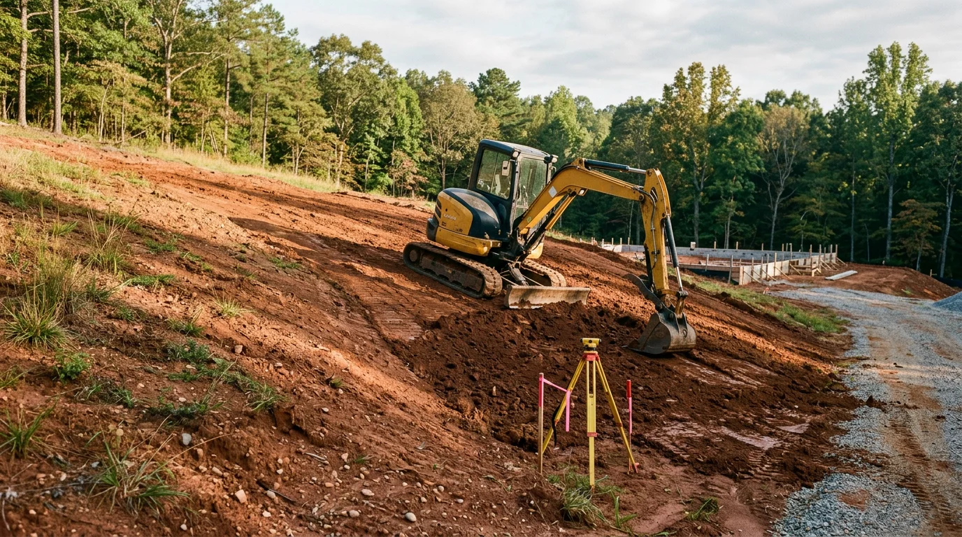 A graded residential lot in Westminster, South Carolina showing a smooth, sloped earth surface shaped to direct water away from a home's foundation. Heavy equipment tracks are visible across the freshly worked soil on a hilly Oconee County property.