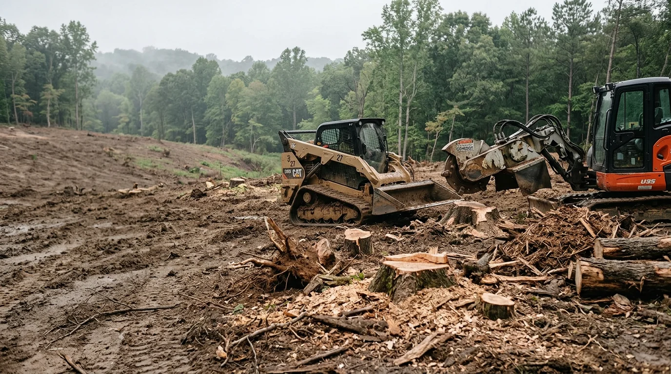 A freshly cleared rural property in Westminster, South Carolina with trees, stumps, and brush fully removed, leaving open ground across a rolling Oconee County landscape. Heavy excavation equipment is visible at the edge of the cleared area.
