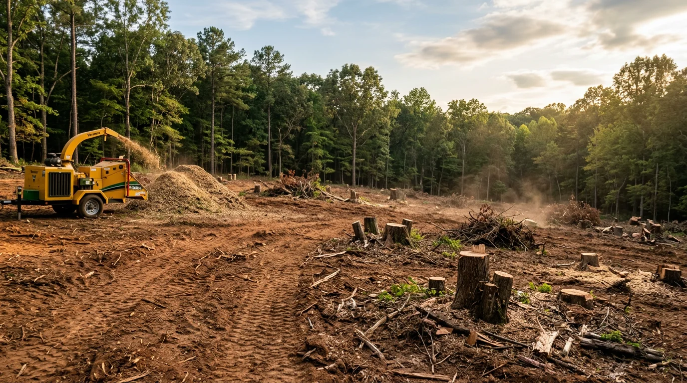 A freshly cleared residential lot in Westminster, South Carolina, with all trees, stumps, and brush removed, showing open ground ready for construction. Surrounding wooded Oconee County landscape visible in the background.