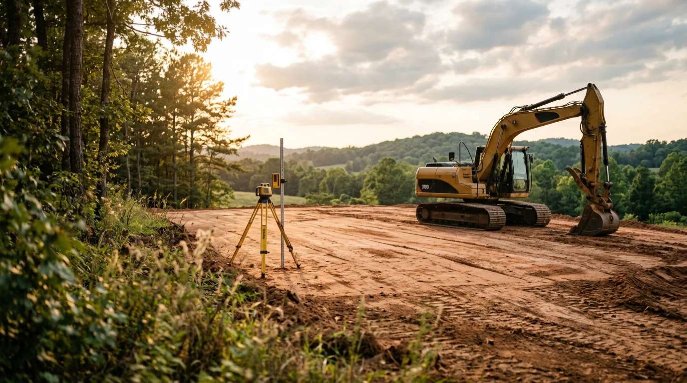 A tracked machine grading a sloped, partially cleared lot in Westminster, South Carolina, with exposed red clay soil shaped into a level building pad. Surrounding tree lines and rolling Upstate terrain are visible in the background.