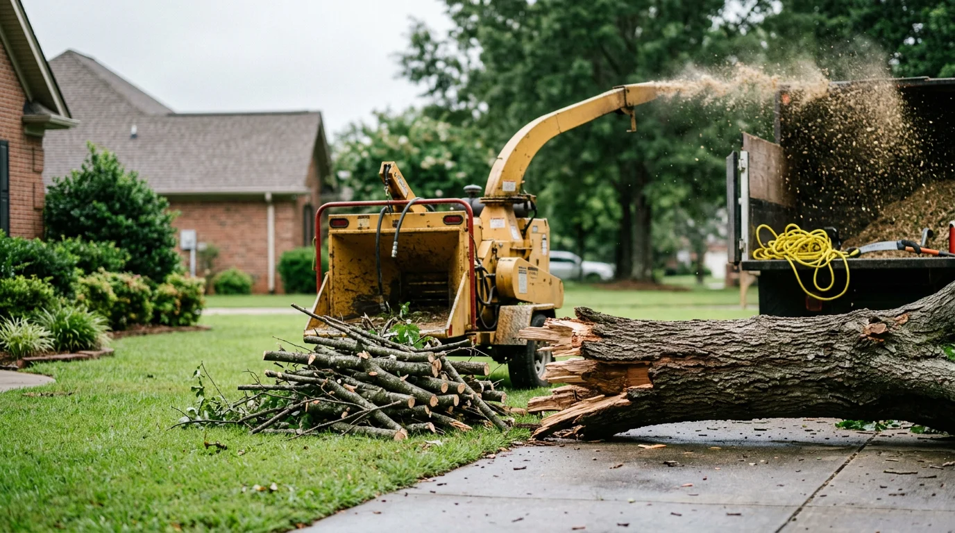 A Westminster, South Carolina residential yard after storm cleanup, showing a cleared driveway and lawn with fallen pine trees and limbs removed by Rig Line Tree Service.