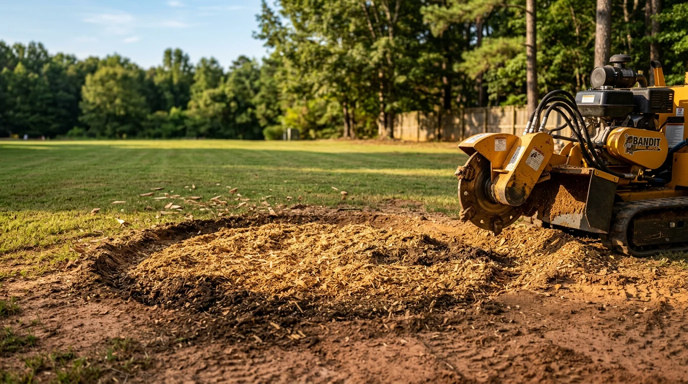 A freshly ground tree stump reduced to wood chips at grade level in a residential yard in Westminster, South Carolina. The surrounding lawn is intact and the area is level and ready for new grass or landscaping.
