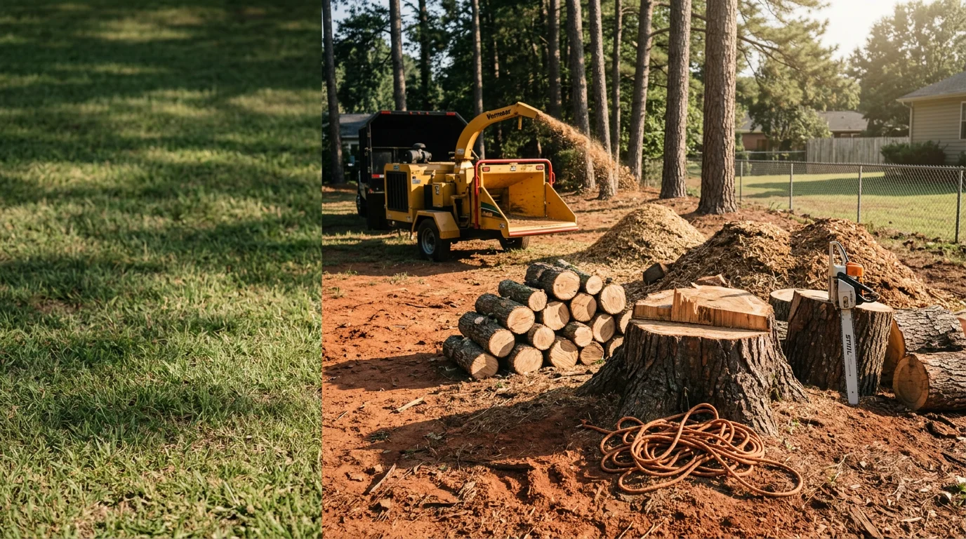A large oak tree being removed in sections by a tree crew in a residential yard in Westminster, South Carolina. The trunk has been cut into manageable sections near a wooden fence line, with debris staged for hauling.