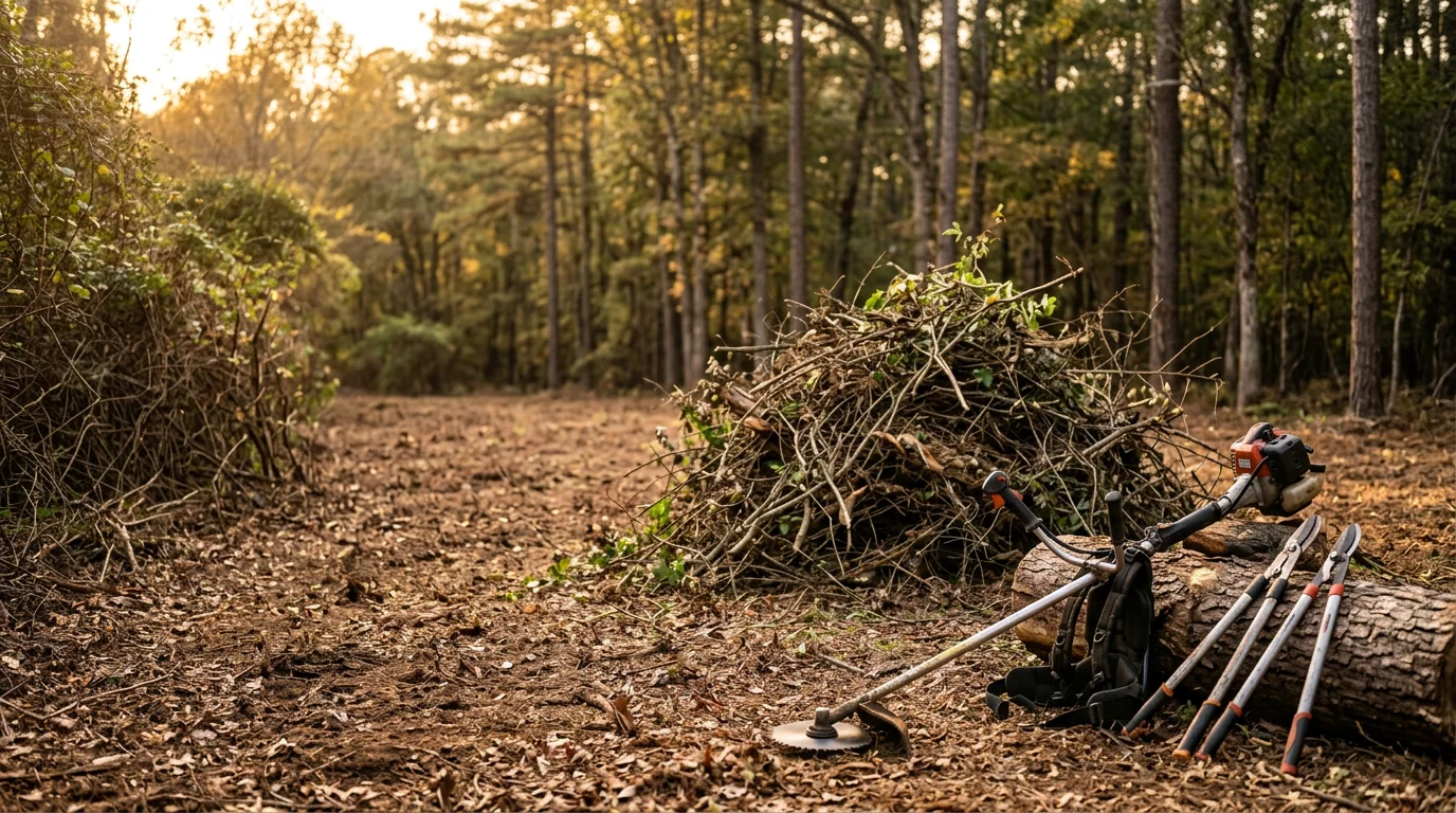 A cleared woodland property in Westminster, South Carolina showing open ground beneath mature trees after underbrush removal, with dense briars and overgrowth removed and the tree canopy left intact.